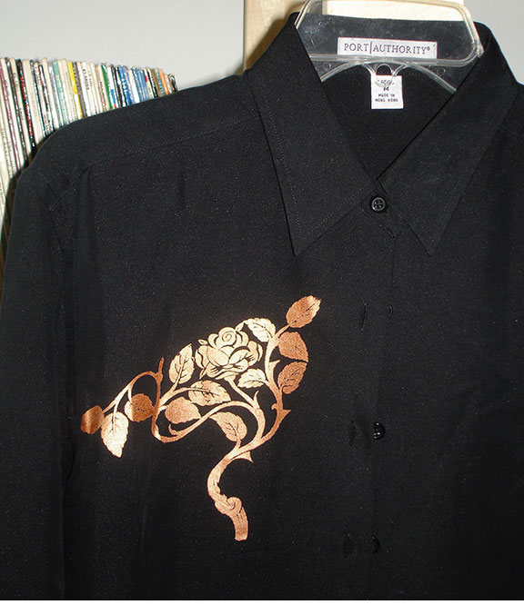 Rose Tree Silkscreen on Polynosic Shirt with Jacquard Lumiere Gold Paint
